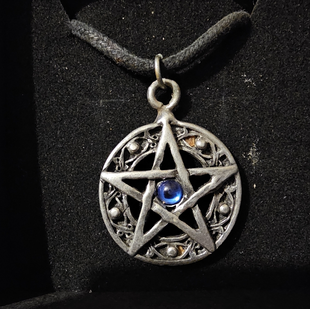 Silver Pentagram Pendant with Blue Gem